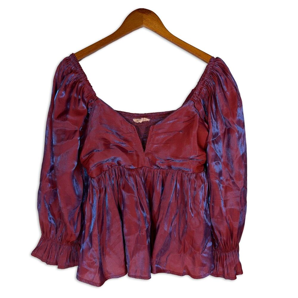 Entro Large Burgundy Iridescent Babydoll Blouse Puff Sleeve Smocked Back